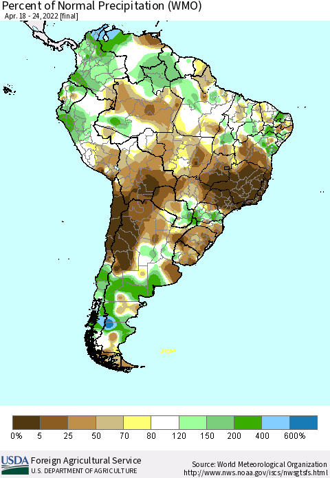 South America Percent of Normal Precipitation (WMO) Thematic Map For 4/18/2022 - 4/24/2022