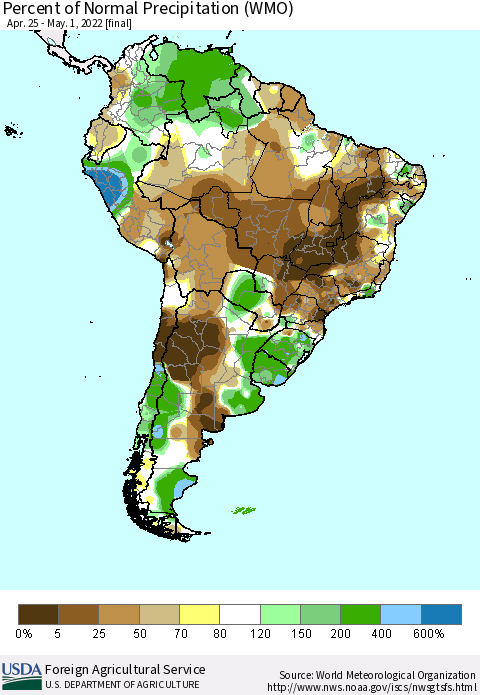 South America Percent of Normal Precipitation (WMO) Thematic Map For 4/25/2022 - 5/1/2022