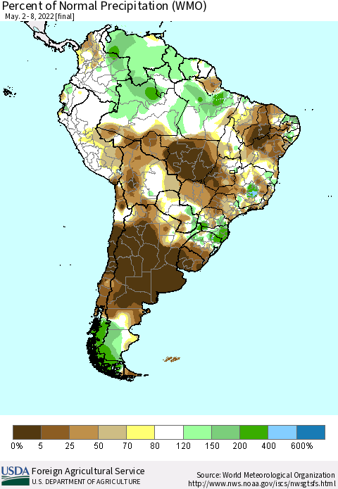 South America Percent of Normal Precipitation (WMO) Thematic Map For 5/2/2022 - 5/8/2022