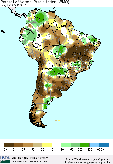 South America Percent of Normal Precipitation (WMO) Thematic Map For 5/9/2022 - 5/15/2022