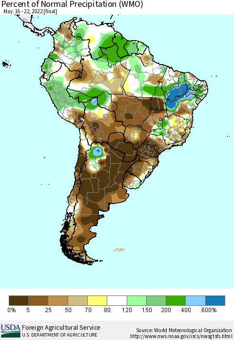 South America Percent of Normal Precipitation (WMO) Thematic Map For 5/16/2022 - 5/22/2022