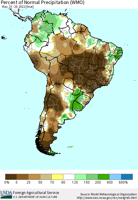 South America Percent of Normal Precipitation (WMO) Thematic Map For 5/23/2022 - 5/29/2022