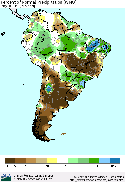 South America Percent of Normal Precipitation (WMO) Thematic Map For 5/30/2022 - 6/5/2022