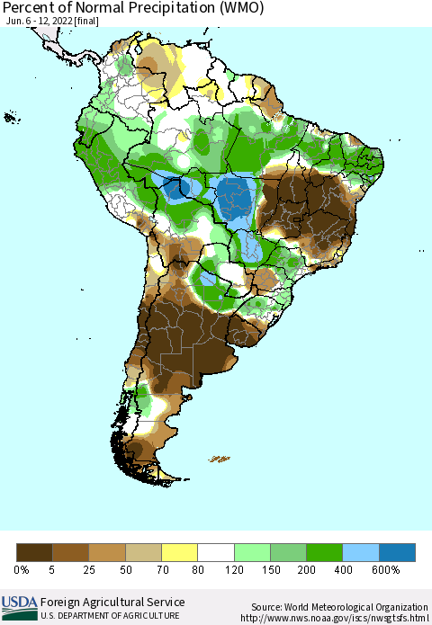 South America Percent of Normal Precipitation (WMO) Thematic Map For 6/6/2022 - 6/12/2022