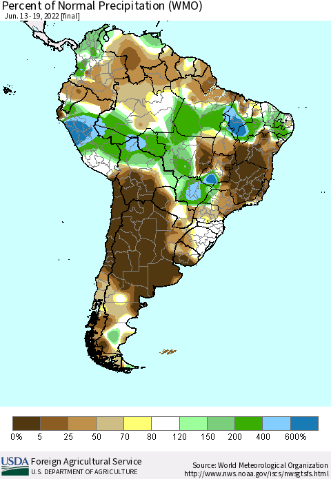 South America Percent of Normal Precipitation (WMO) Thematic Map For 6/13/2022 - 6/19/2022