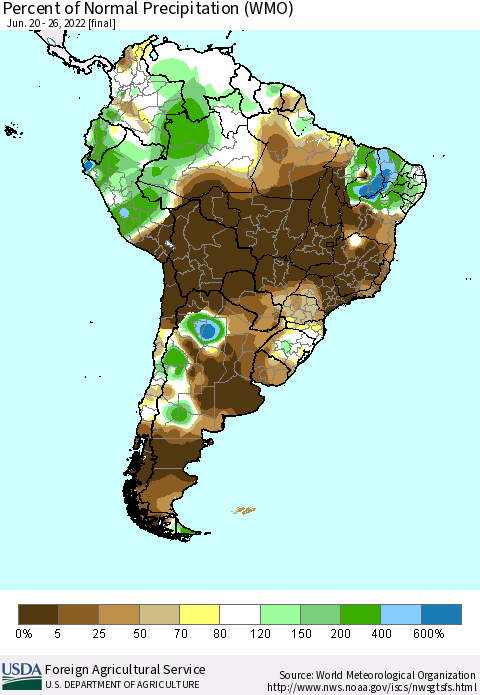 South America Percent of Normal Precipitation (WMO) Thematic Map For 6/20/2022 - 6/26/2022