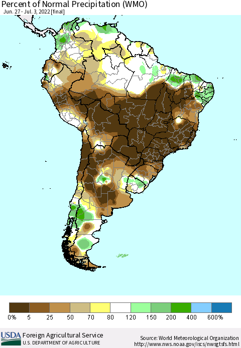 South America Percent of Normal Precipitation (WMO) Thematic Map For 6/27/2022 - 7/3/2022