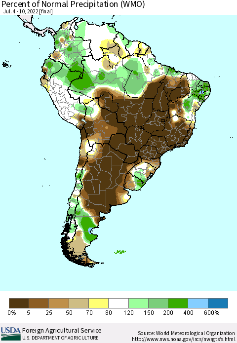South America Percent of Normal Precipitation (WMO) Thematic Map For 7/4/2022 - 7/10/2022