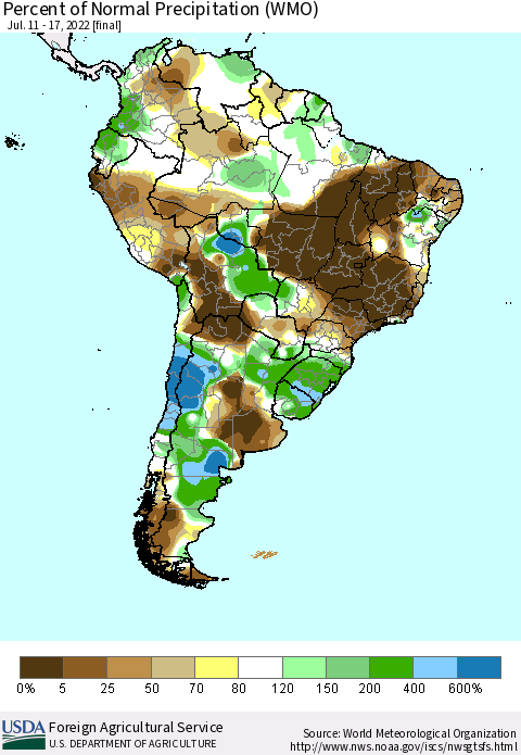 South America Percent of Normal Precipitation (WMO) Thematic Map For 7/11/2022 - 7/17/2022