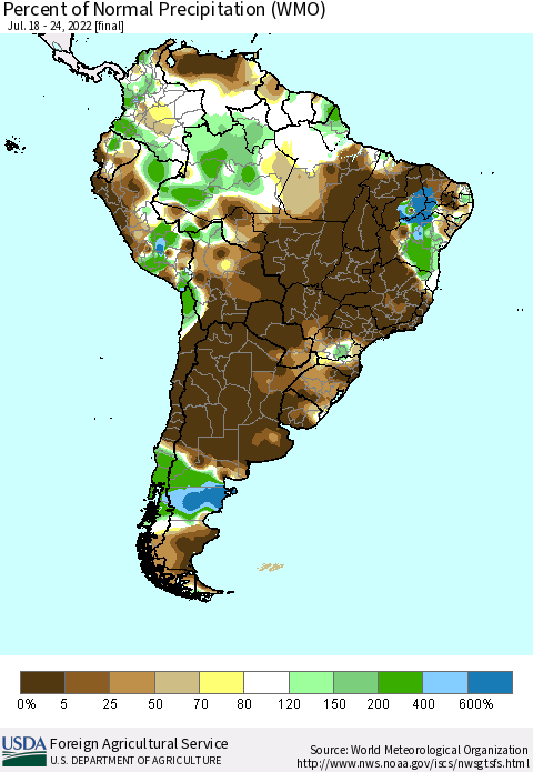 South America Percent of Normal Precipitation (WMO) Thematic Map For 7/18/2022 - 7/24/2022