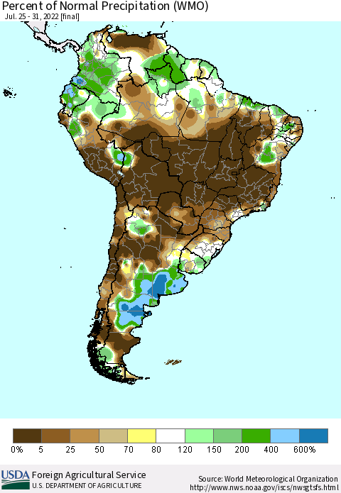 South America Percent of Normal Precipitation (WMO) Thematic Map For 7/25/2022 - 7/31/2022