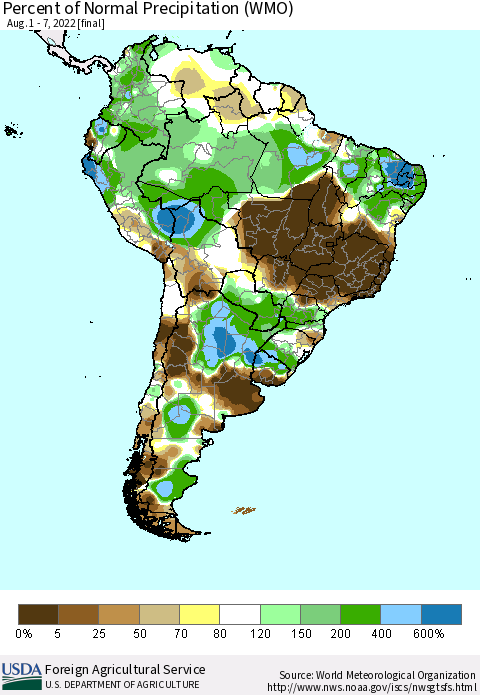South America Percent of Normal Precipitation (WMO) Thematic Map For 8/1/2022 - 8/7/2022