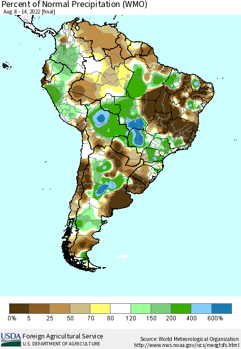 South America Percent of Normal Precipitation (WMO) Thematic Map For 8/8/2022 - 8/14/2022