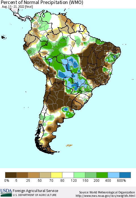 South America Percent of Normal Precipitation (WMO) Thematic Map For 8/15/2022 - 8/21/2022