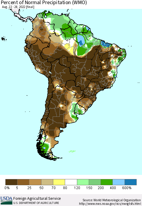 South America Percent of Normal Precipitation (WMO) Thematic Map For 8/22/2022 - 8/28/2022