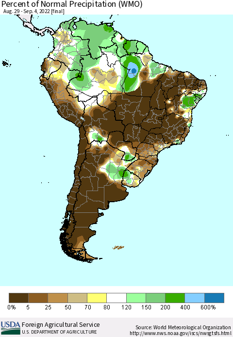 South America Percent of Normal Precipitation (WMO) Thematic Map For 8/29/2022 - 9/4/2022