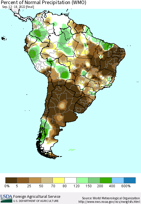South America Percent of Normal Precipitation (WMO) Thematic Map For 9/12/2022 - 9/18/2022