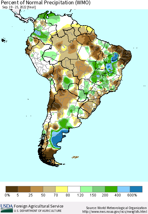 South America Percent of Normal Precipitation (WMO) Thematic Map For 9/19/2022 - 9/25/2022