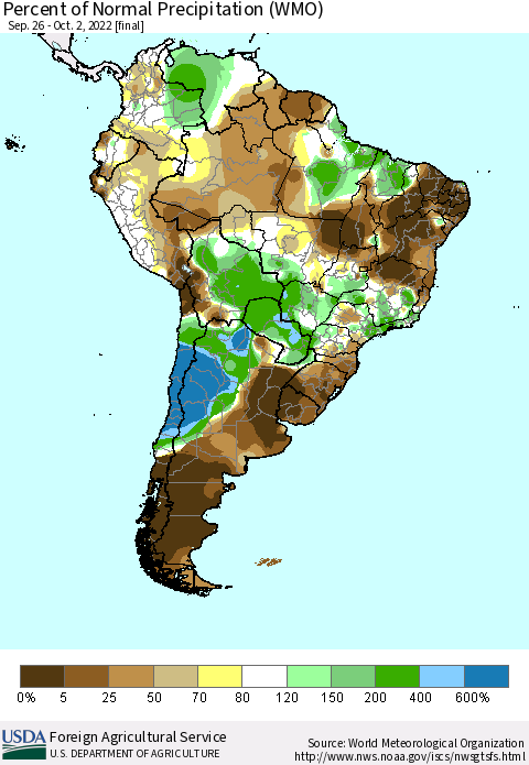 South America Percent of Normal Precipitation (WMO) Thematic Map For 9/26/2022 - 10/2/2022