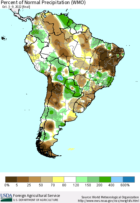 South America Percent of Normal Precipitation (WMO) Thematic Map For 10/3/2022 - 10/9/2022