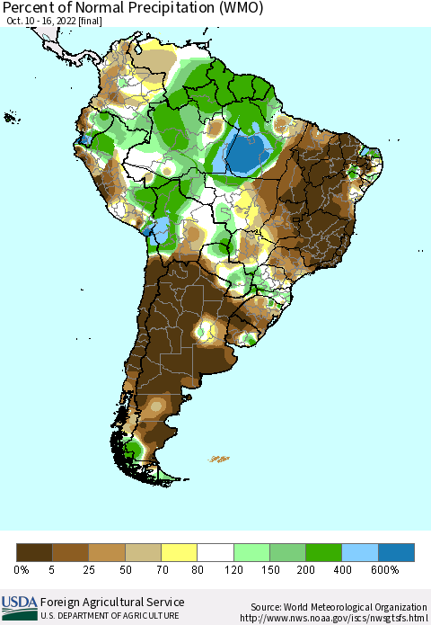 South America Percent of Normal Precipitation (WMO) Thematic Map For 10/10/2022 - 10/16/2022