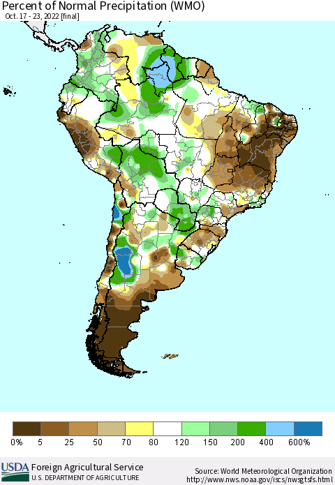 South America Percent of Normal Precipitation (WMO) Thematic Map For 10/17/2022 - 10/23/2022