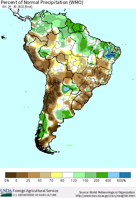 South America Percent of Normal Precipitation (WMO) Thematic Map For 10/24/2022 - 10/30/2022