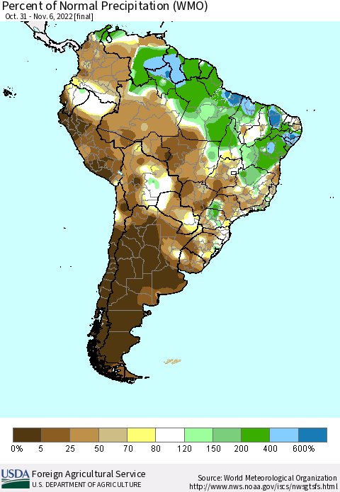 South America Percent of Normal Precipitation (WMO) Thematic Map For 10/31/2022 - 11/6/2022