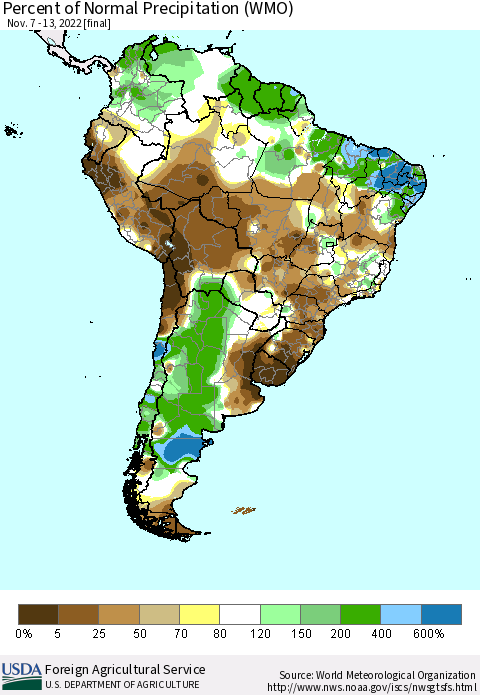South America Percent of Normal Precipitation (WMO) Thematic Map For 11/7/2022 - 11/13/2022