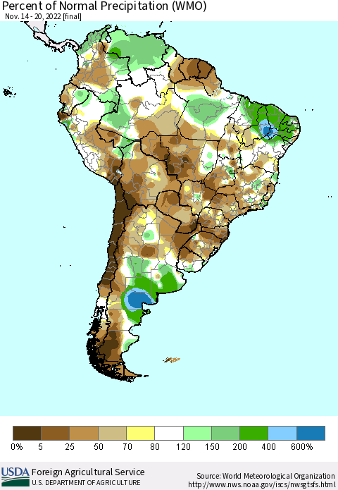 South America Percent of Normal Precipitation (WMO) Thematic Map For 11/14/2022 - 11/20/2022
