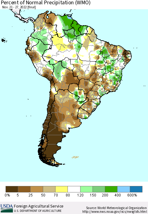South America Percent of Normal Precipitation (WMO) Thematic Map For 11/21/2022 - 11/27/2022
