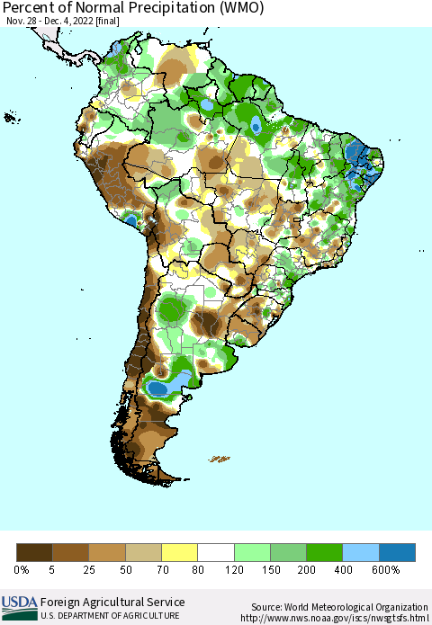 South America Percent of Normal Precipitation (WMO) Thematic Map For 11/28/2022 - 12/4/2022