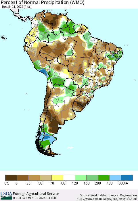 South America Percent of Normal Precipitation (WMO) Thematic Map For 12/5/2022 - 12/11/2022