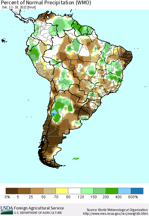 South America Percent of Normal Precipitation (WMO) Thematic Map For 12/12/2022 - 12/18/2022