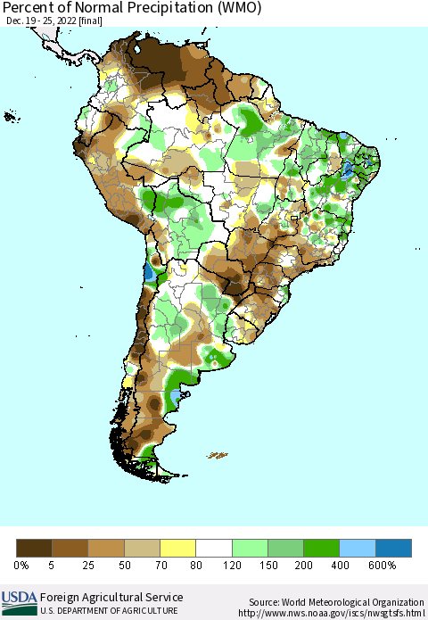 South America Percent of Normal Precipitation (WMO) Thematic Map For 12/19/2022 - 12/25/2022