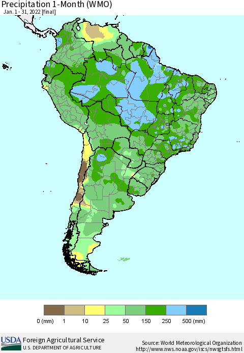 South America Precipitation 1-Month (WMO) Thematic Map For 1/1/2022 - 1/31/2022