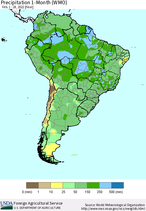 South America Precipitation 1-Month (WMO) Thematic Map For 2/1/2022 - 2/28/2022