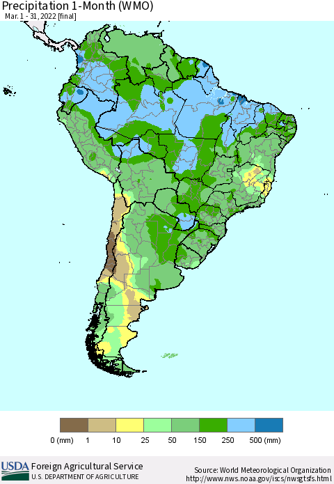 South America Precipitation 1-Month (WMO) Thematic Map For 3/1/2022 - 3/31/2022