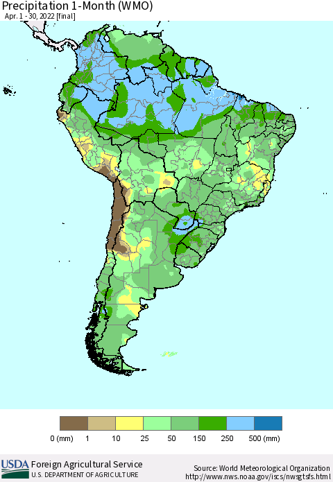 South America Precipitation 1-Month (WMO) Thematic Map For 4/1/2022 - 4/30/2022