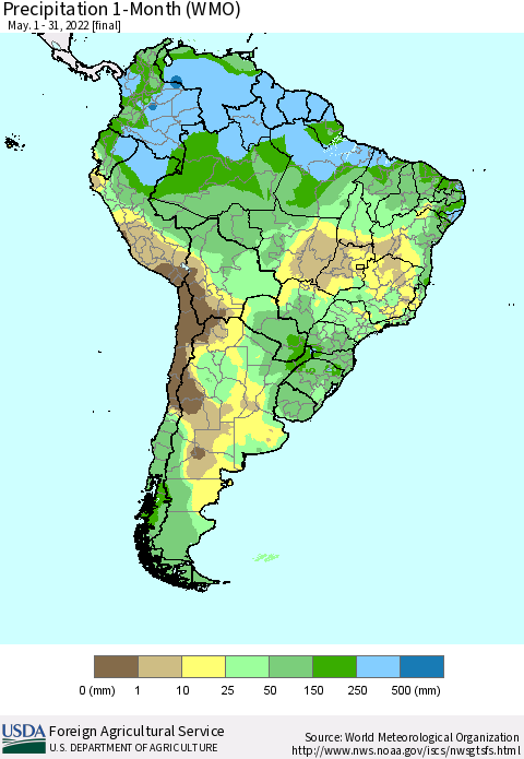 South America Precipitation 1-Month (WMO) Thematic Map For 5/1/2022 - 5/31/2022