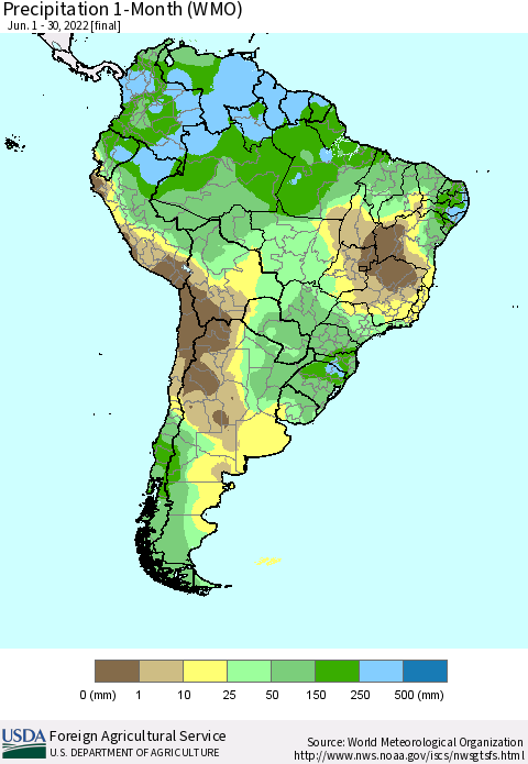 South America Precipitation 1-Month (WMO) Thematic Map For 6/1/2022 - 6/30/2022