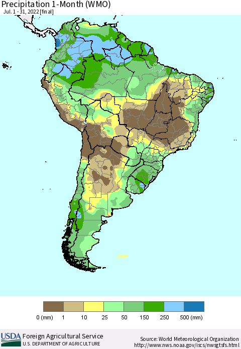 South America Precipitation 1-Month (WMO) Thematic Map For 7/1/2022 - 7/31/2022