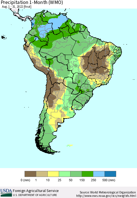 South America Precipitation 1-Month (WMO) Thematic Map For 8/1/2022 - 8/31/2022