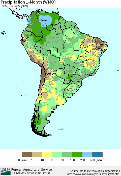 South America Precipitation 1-Month (WMO) Thematic Map For 9/1/2022 - 9/30/2022