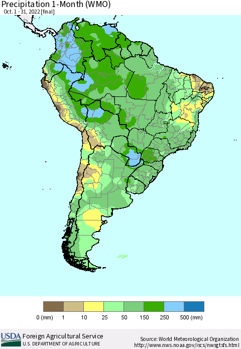 South America Precipitation 1-Month (WMO) Thematic Map For 10/1/2022 - 10/31/2022