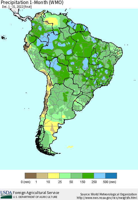 South America Precipitation 1-Month (WMO) Thematic Map For 12/1/2022 - 12/31/2022