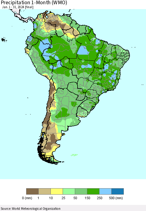 South America Precipitation 1-Month (WMO) Thematic Map For 1/1/2024 - 1/31/2024