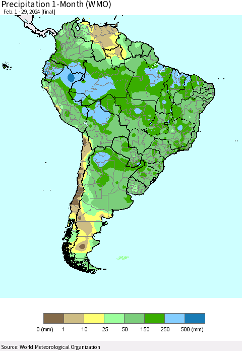 South America Precipitation 1-Month (WMO) Thematic Map For 2/1/2024 - 2/29/2024