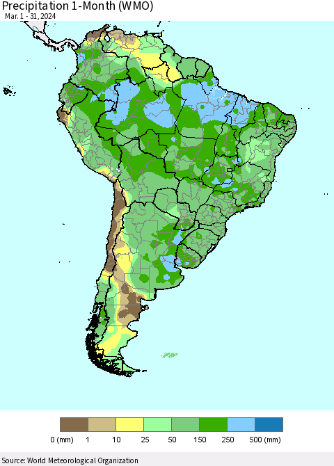 South America Precipitation 1-Month (WMO) Thematic Map For 3/1/2024 - 3/31/2024