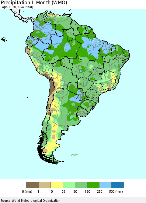 South America Precipitation 1-Month (WMO) Thematic Map For 4/1/2024 - 4/30/2024
